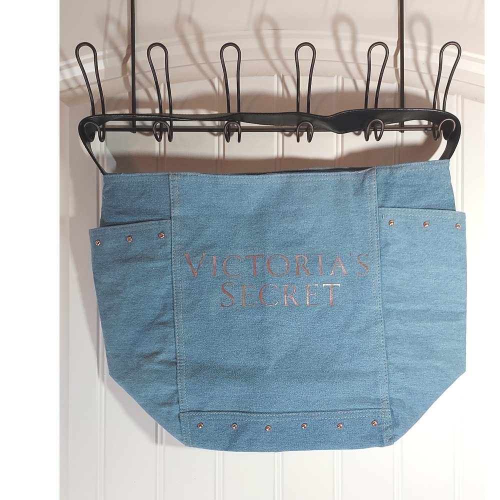 Victoria's Secret Tote Bag Womens Large Blue Denim Studded Rose Gold Logo
